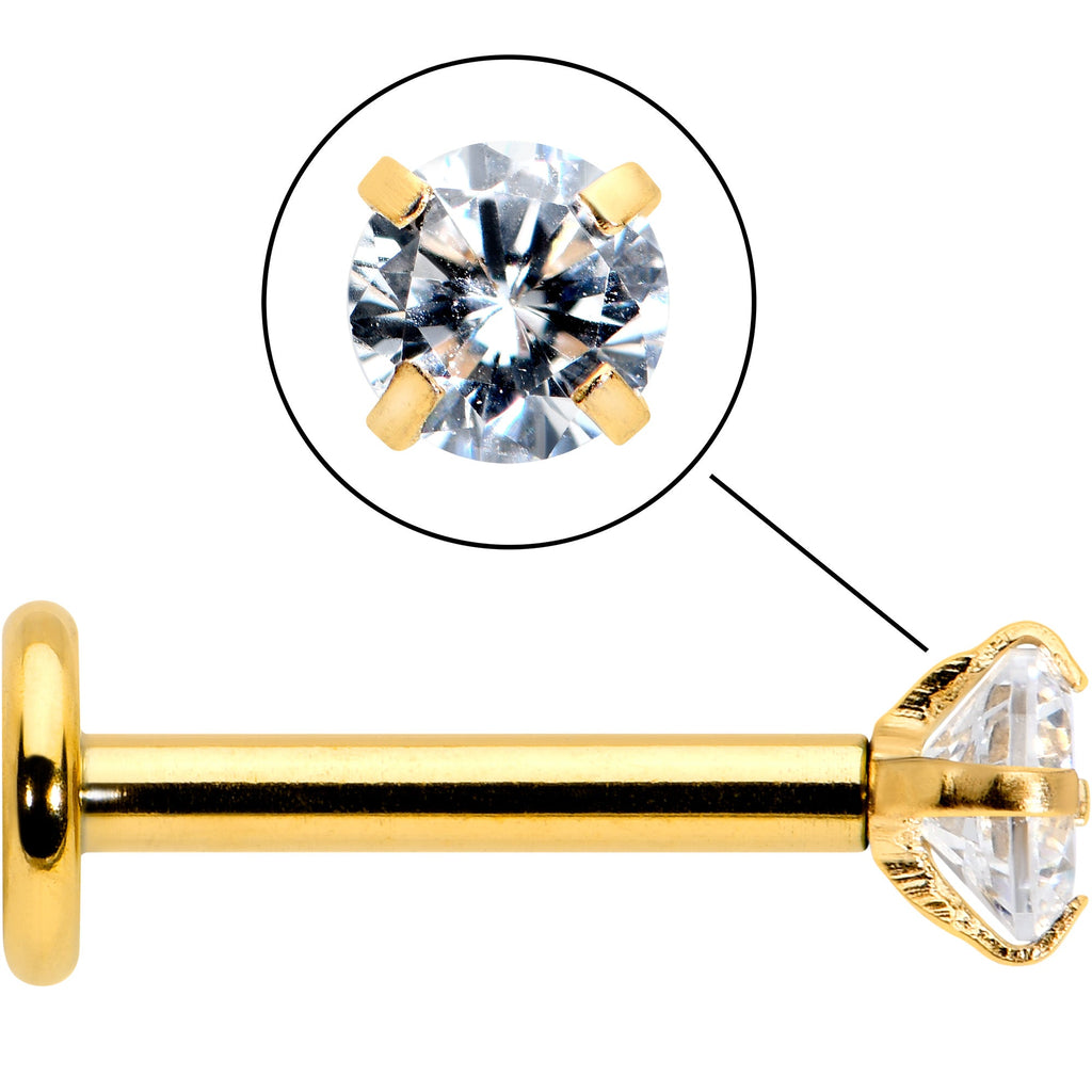 16G 5/16 Clear Gem Gold Tone Round Internal Thread Labret Tragus