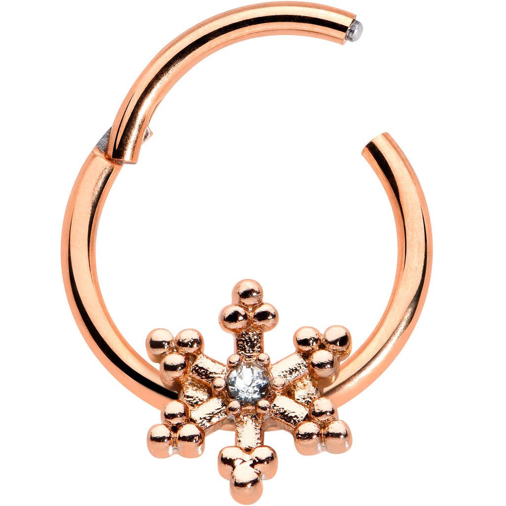 16G 3/8 Clear Gem Rose Gold Tone Snowflake Hinged Segment Ring