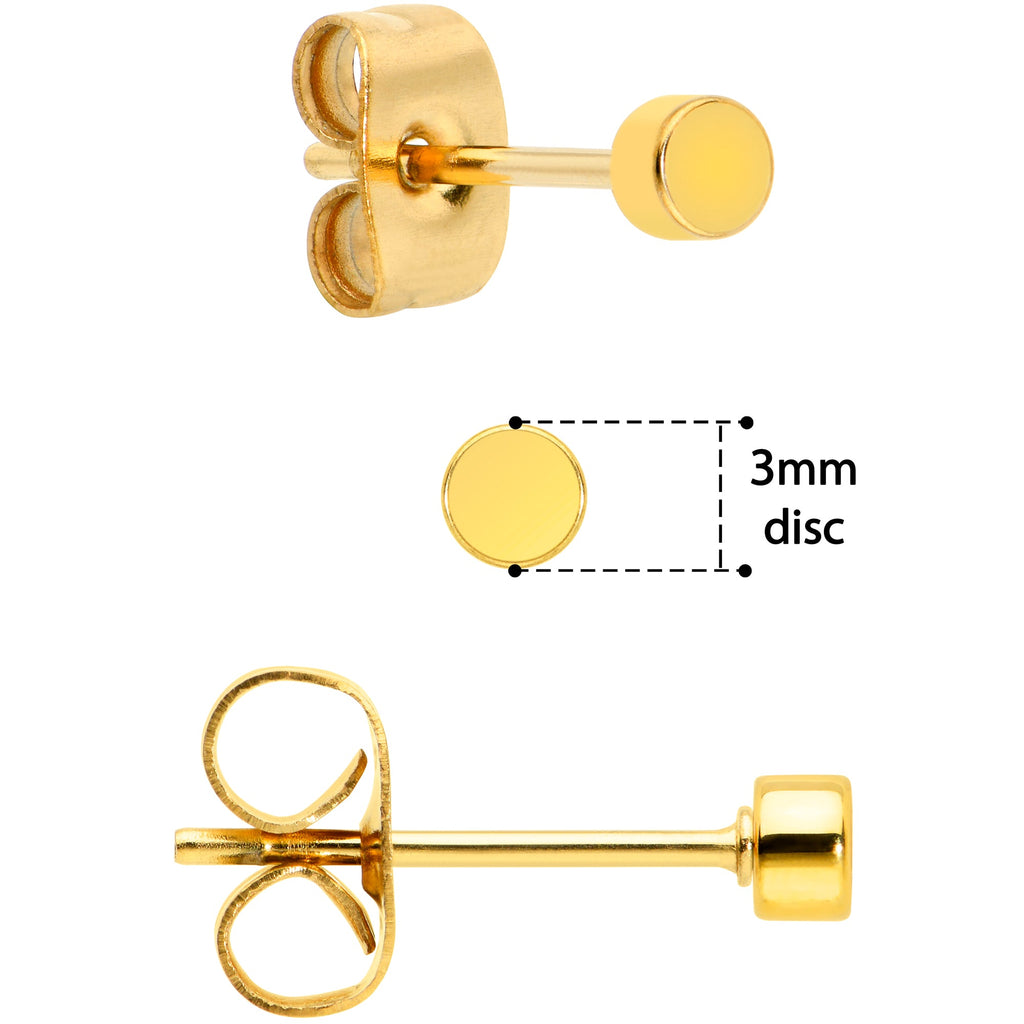 3mm 4mm 5mm Circle Gold Tone 316L Stainless Steel Stud Earrings 3 Pack