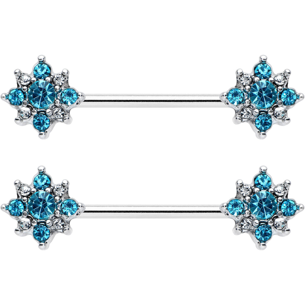 14G 9/16 Clear Blue Gem Opulent Flower Barbell Nipple Ring Set