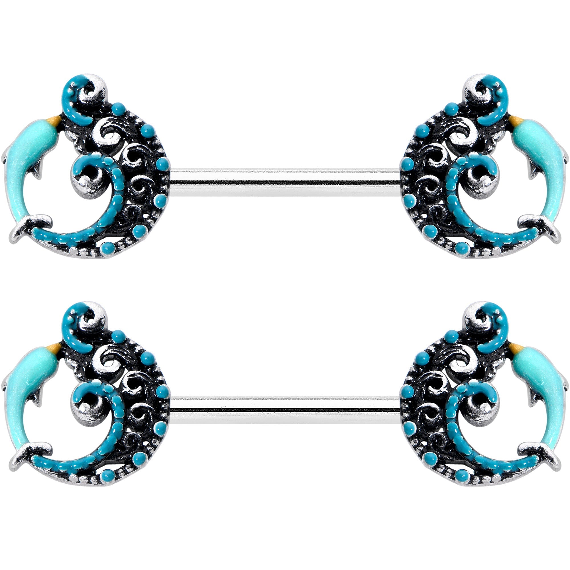 14G 9/16 Leaping Blue Dolphin Barbell Nipple Ring Set