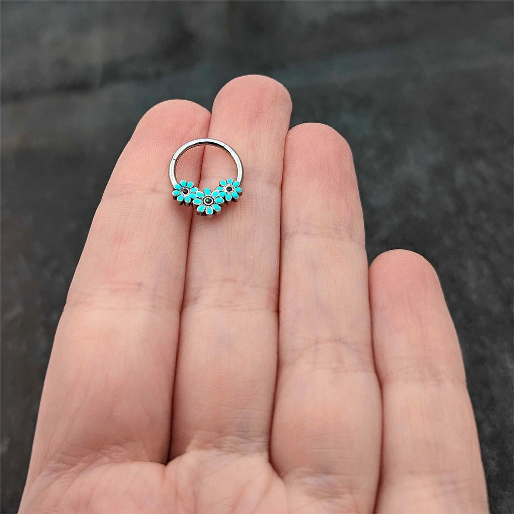 16G 3/8 Blue Gem Flower Trio Teal Petals Hinged Segment Ring