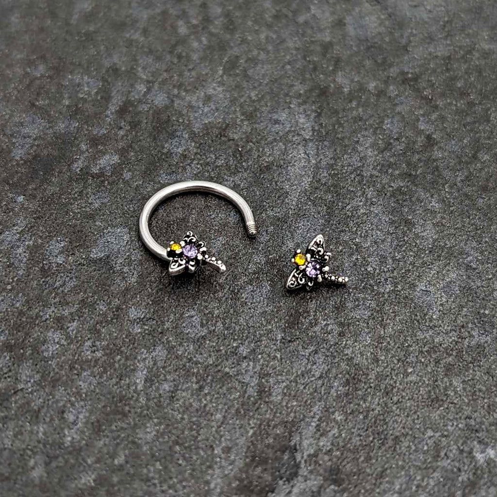 16G 3/8 Purple Yellow Gem Dragonfly Horseshoe Circular Barbell