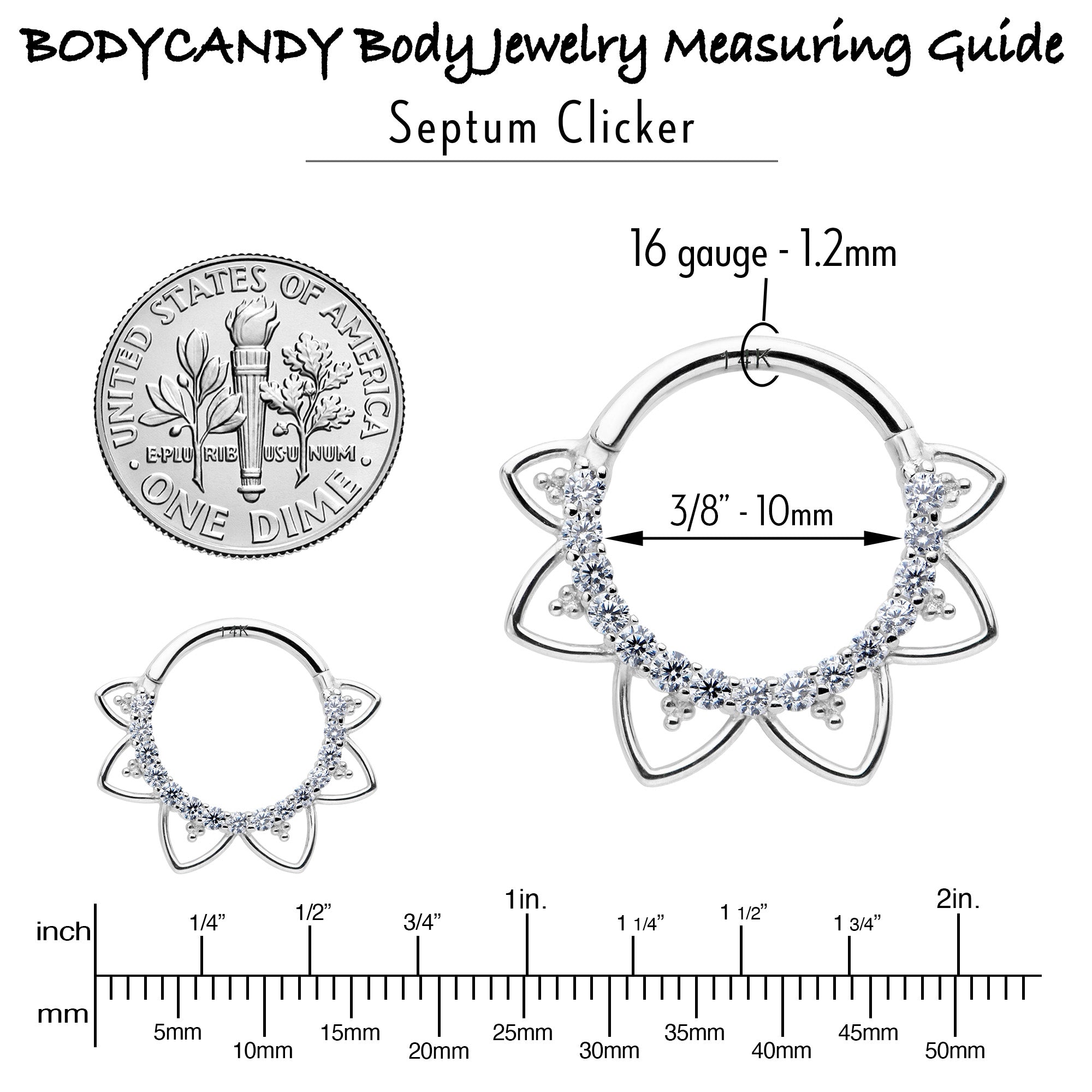 16G 3/8 Clear CZ Gem 14k White Gold Filigree Hinged Segment Ring
