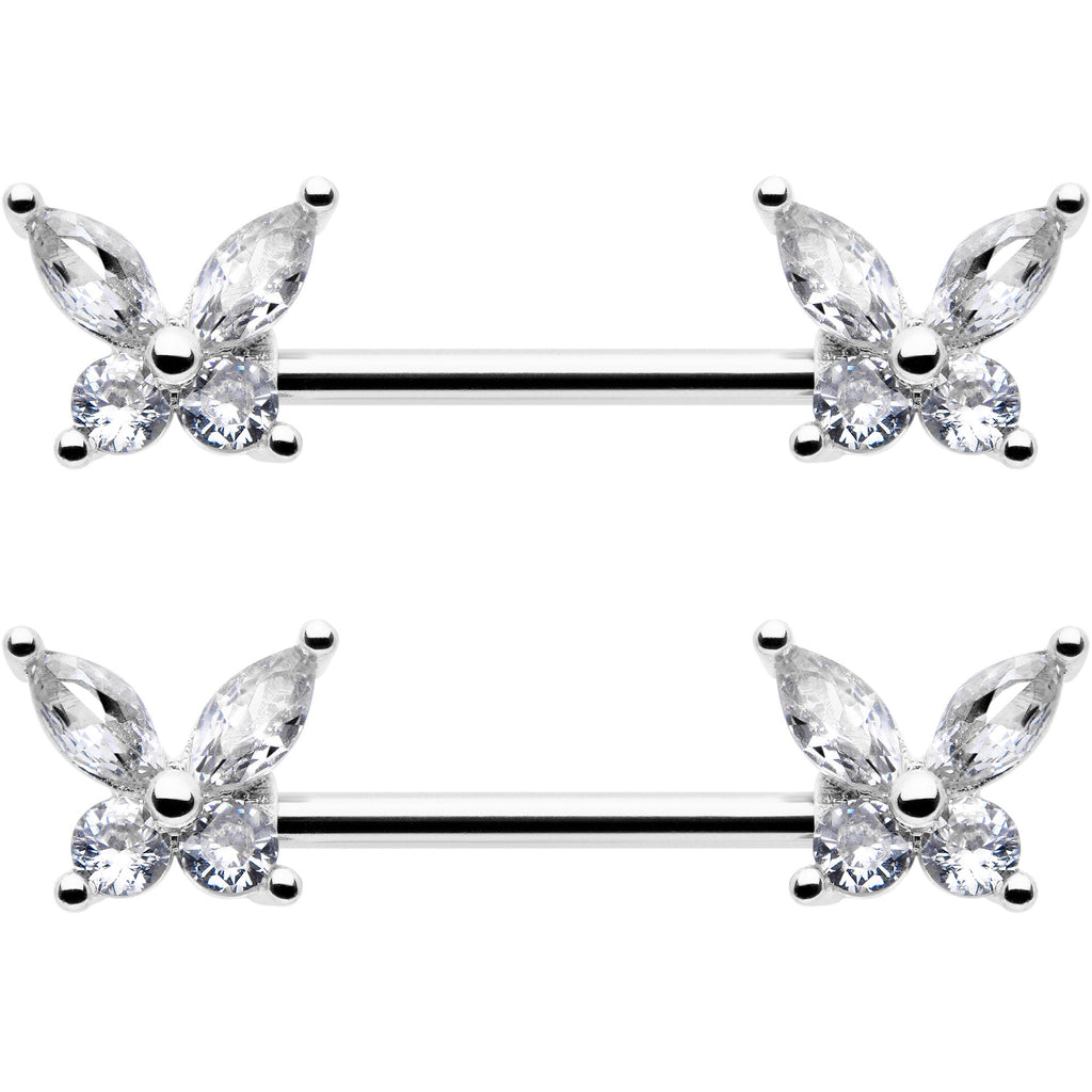 14G 9/16 Clear CZ Gem Butterflies Barbell Nipple Ring Set