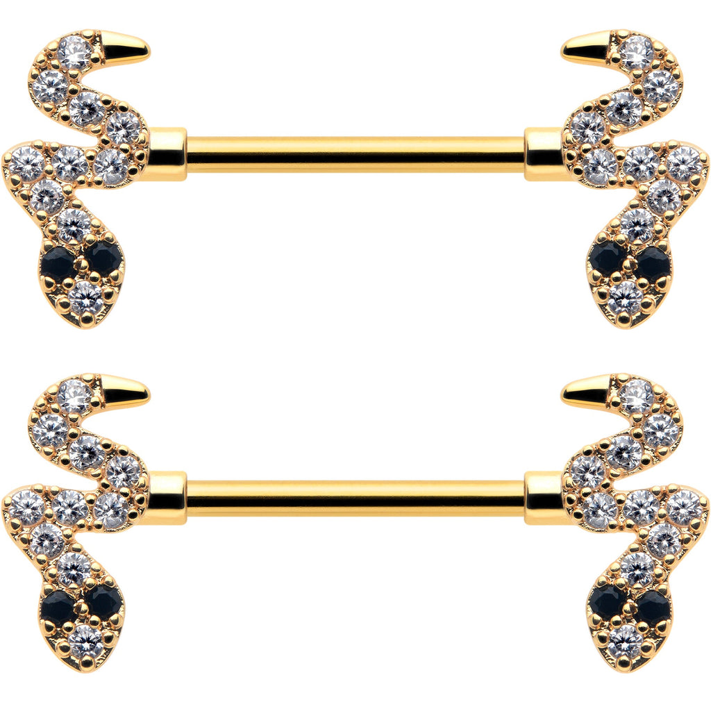 14G 9/16 Clear Black CZ Gem Gold Tone Sexy Snakes Nipple Ring Set