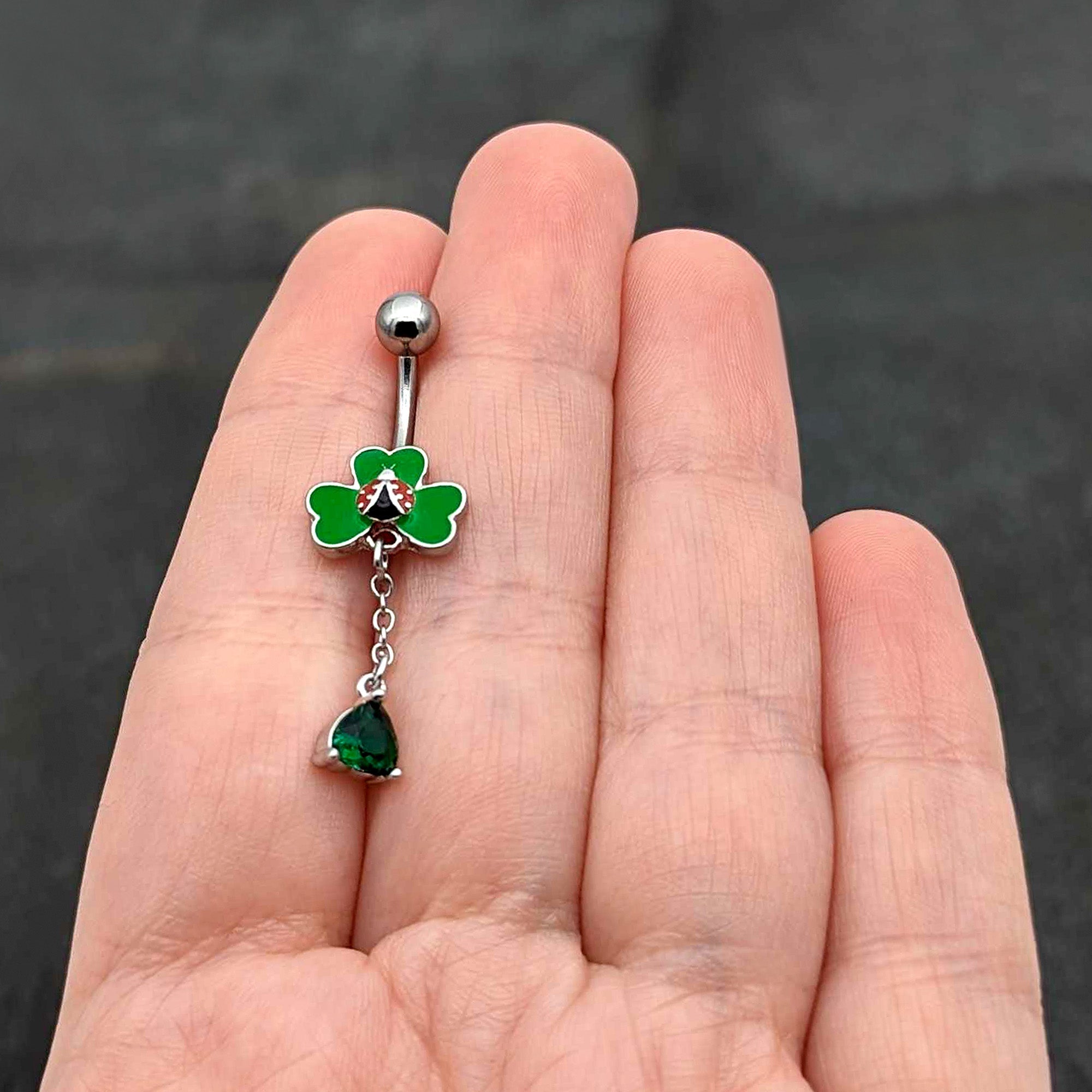 Green Gem Shamrock Ladybug St Patricks Dangle Belly Ring