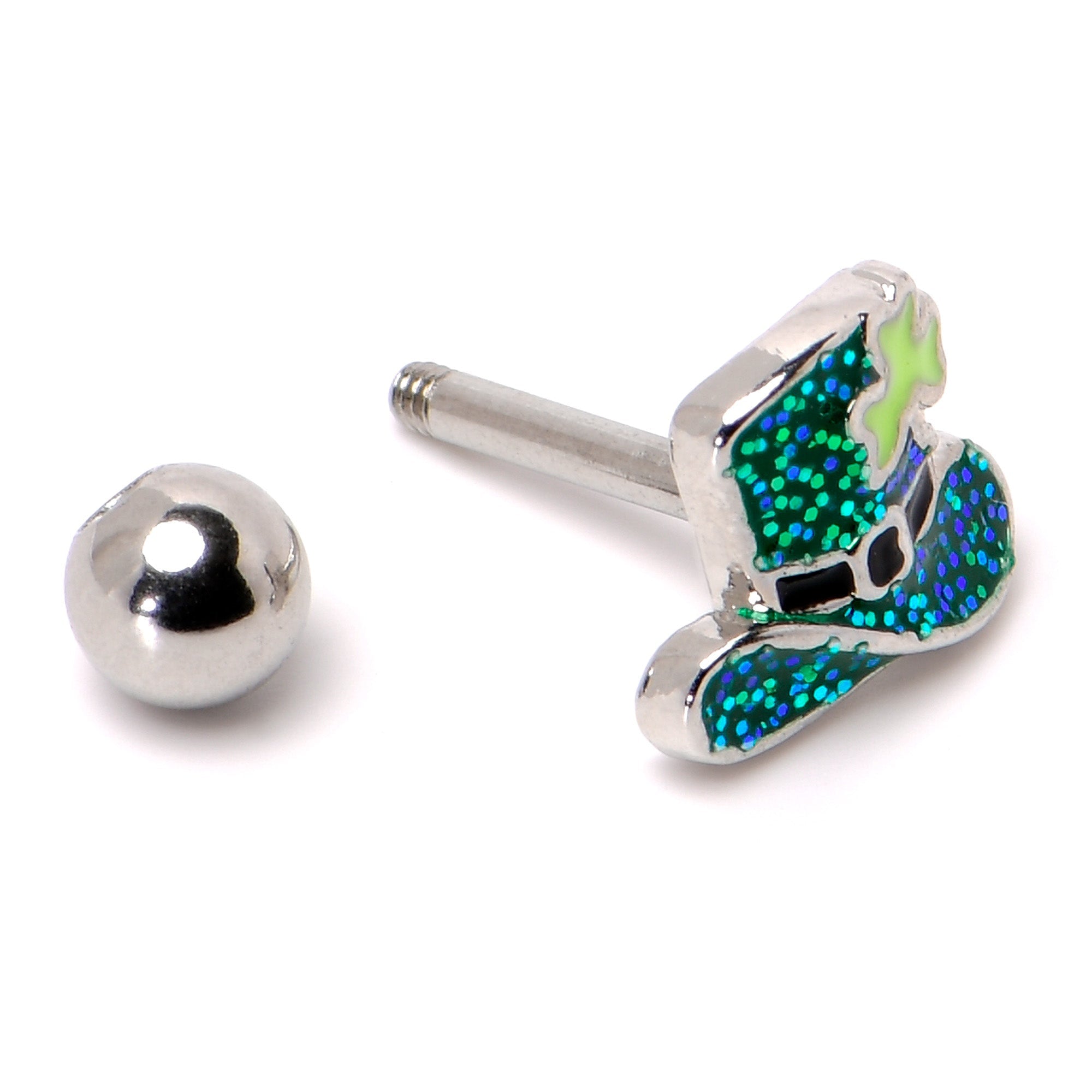 16G 1/4 Glitter Top Hat Shamrock Cartilage Tragus Earring