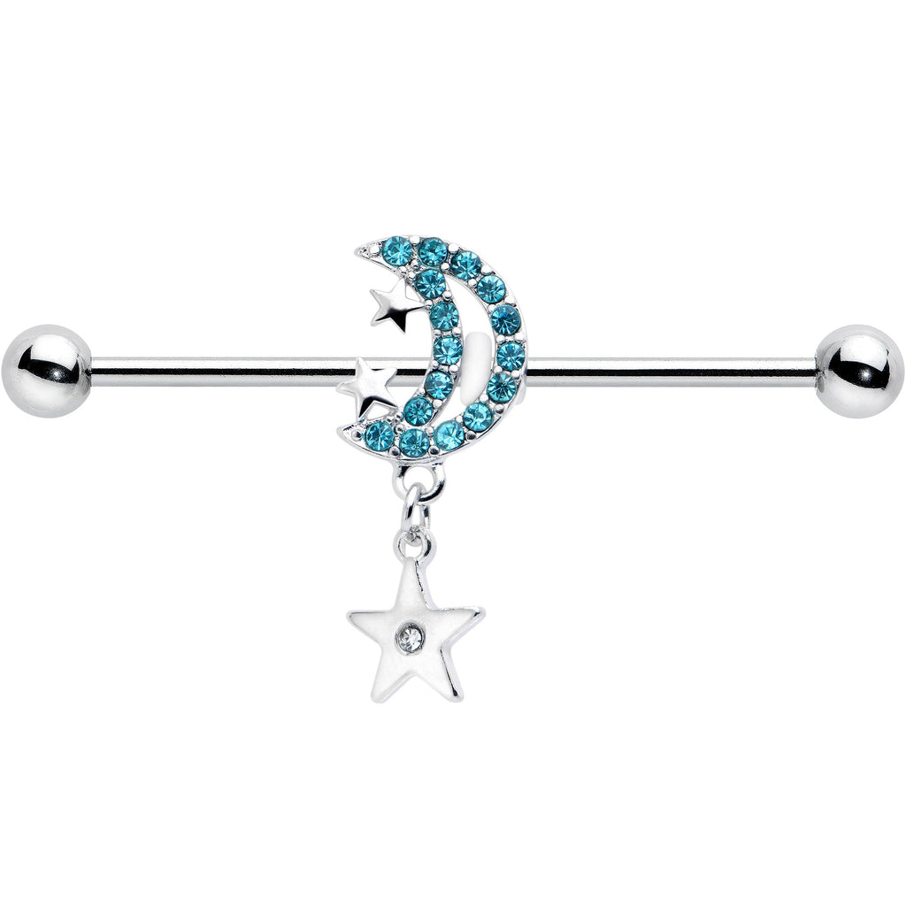14G Blue CZ Gem Moon Dangle Star Industrial Barbell 38mm