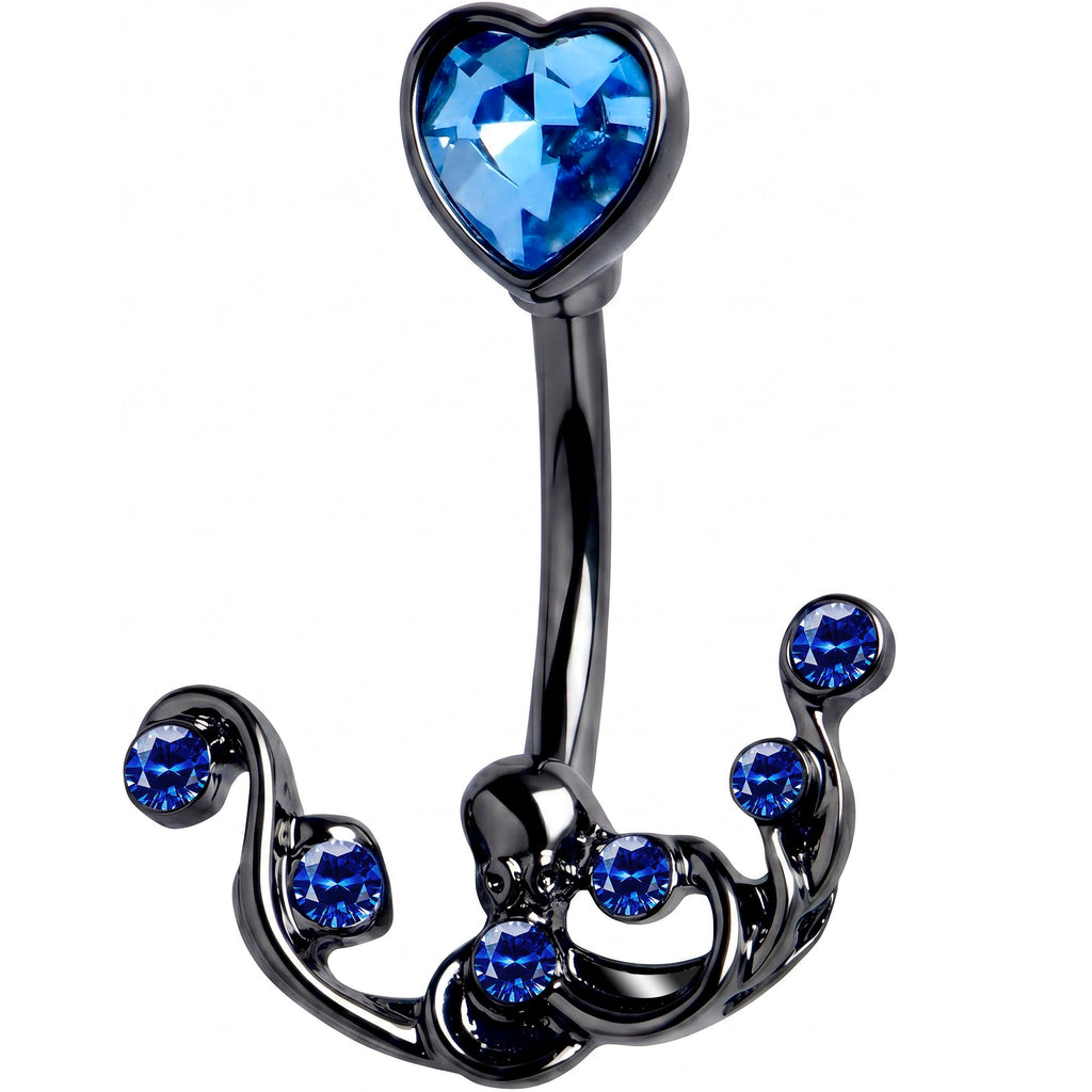 Blue Gem Black Heart Scrolling Elegance Double Mount Belly Ring