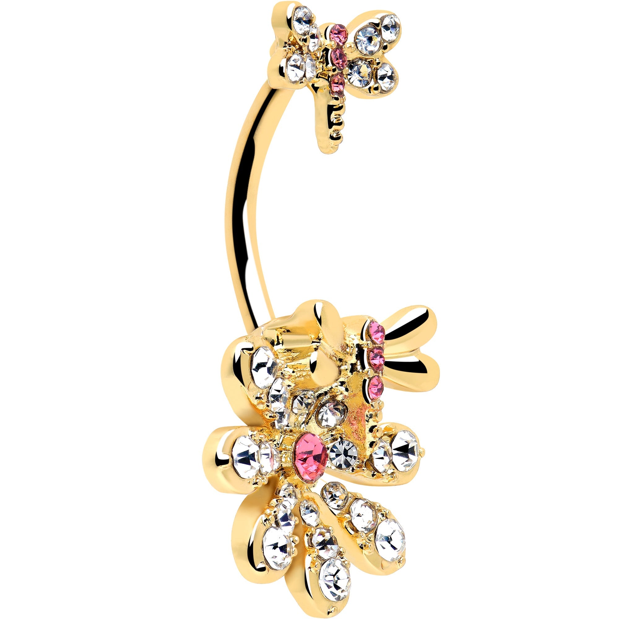 Clear Pink Gem Gold Tone Flower Bug Double Mount Belly Ring