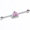 14G Pink Clear CZ Gem Heart Crown Industrial Barbell 38mm
