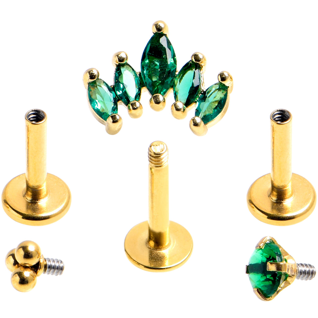 16G 1/4 Green CZ Gem Gold Tone Royal Glam Labret Tragus Set of 3