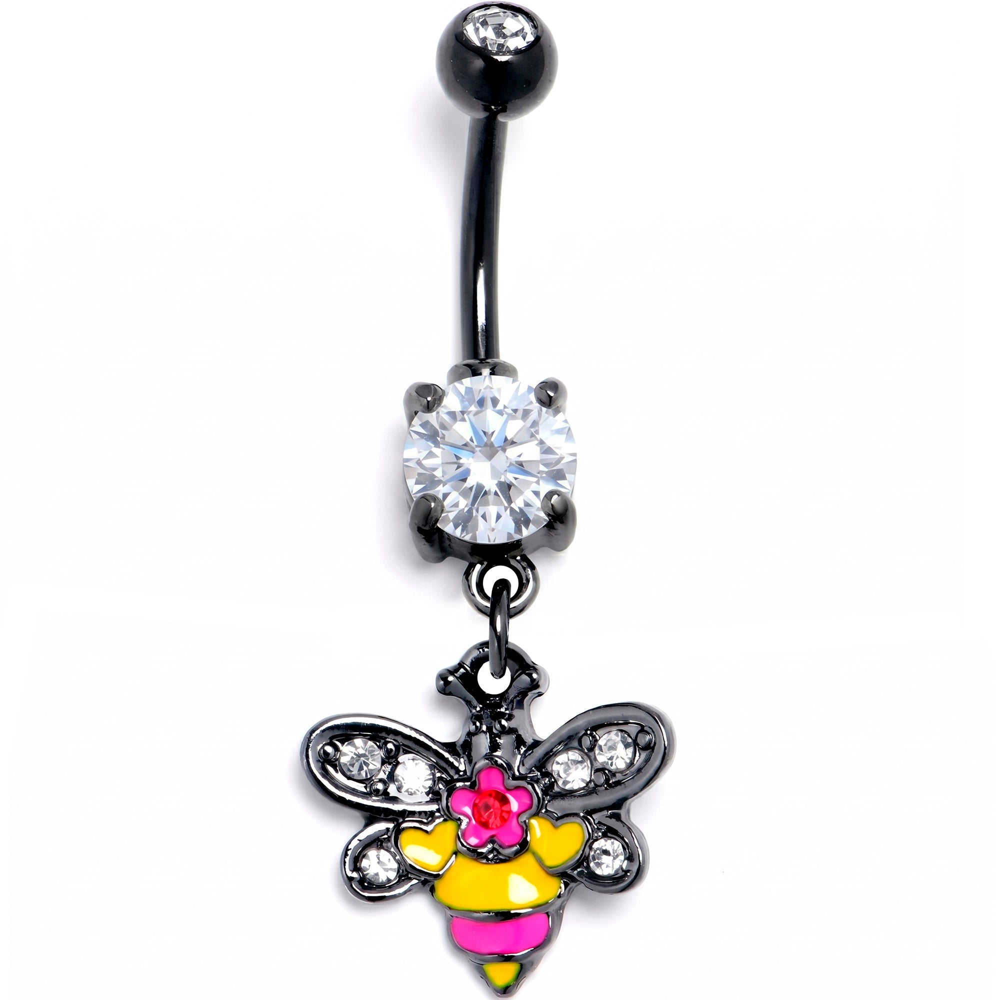 Clear CZ Gem Black Bright Bee Beauty Dangle Belly Ring