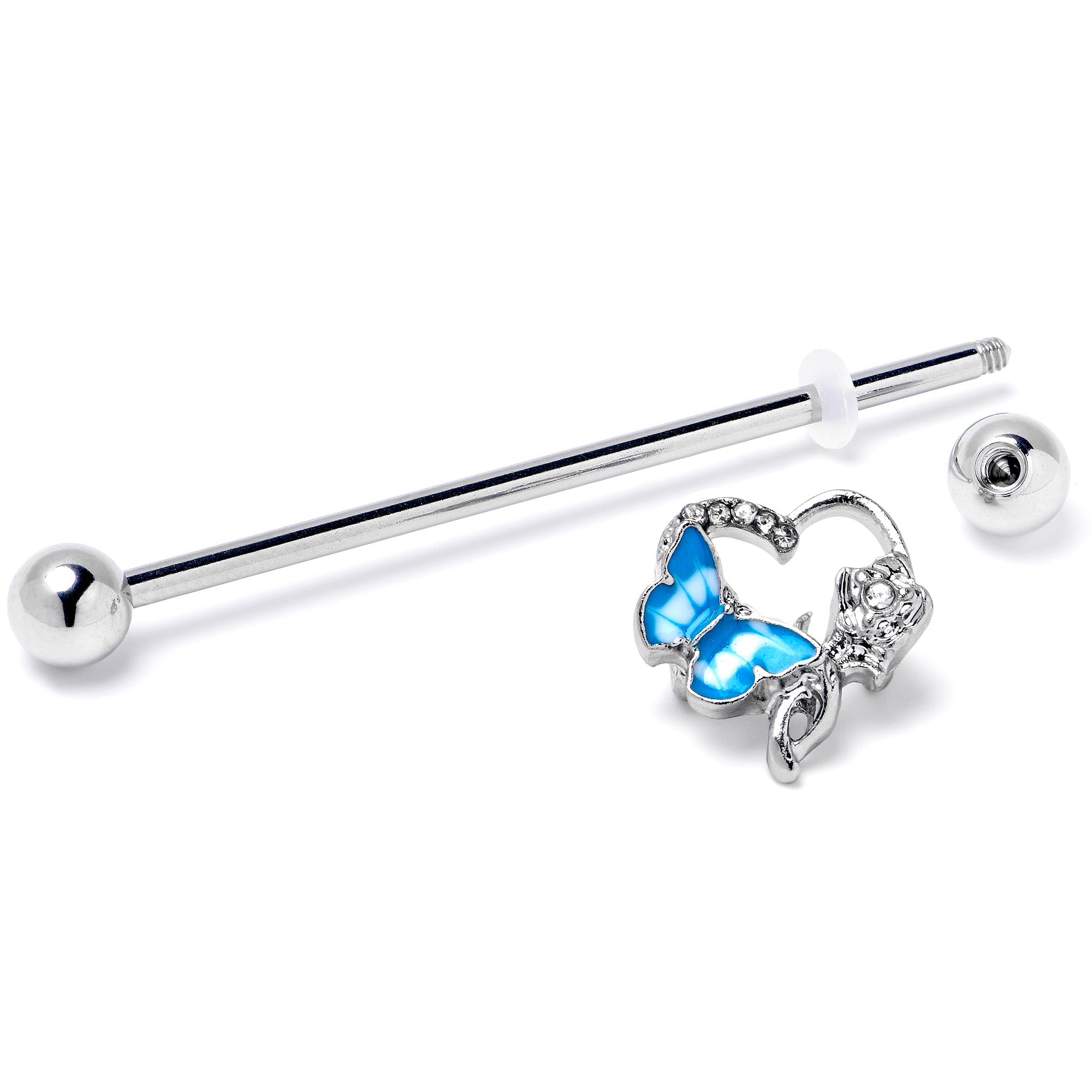 14G Clear Gem Butterfly Flower Blue Industrial Barbell 38mm