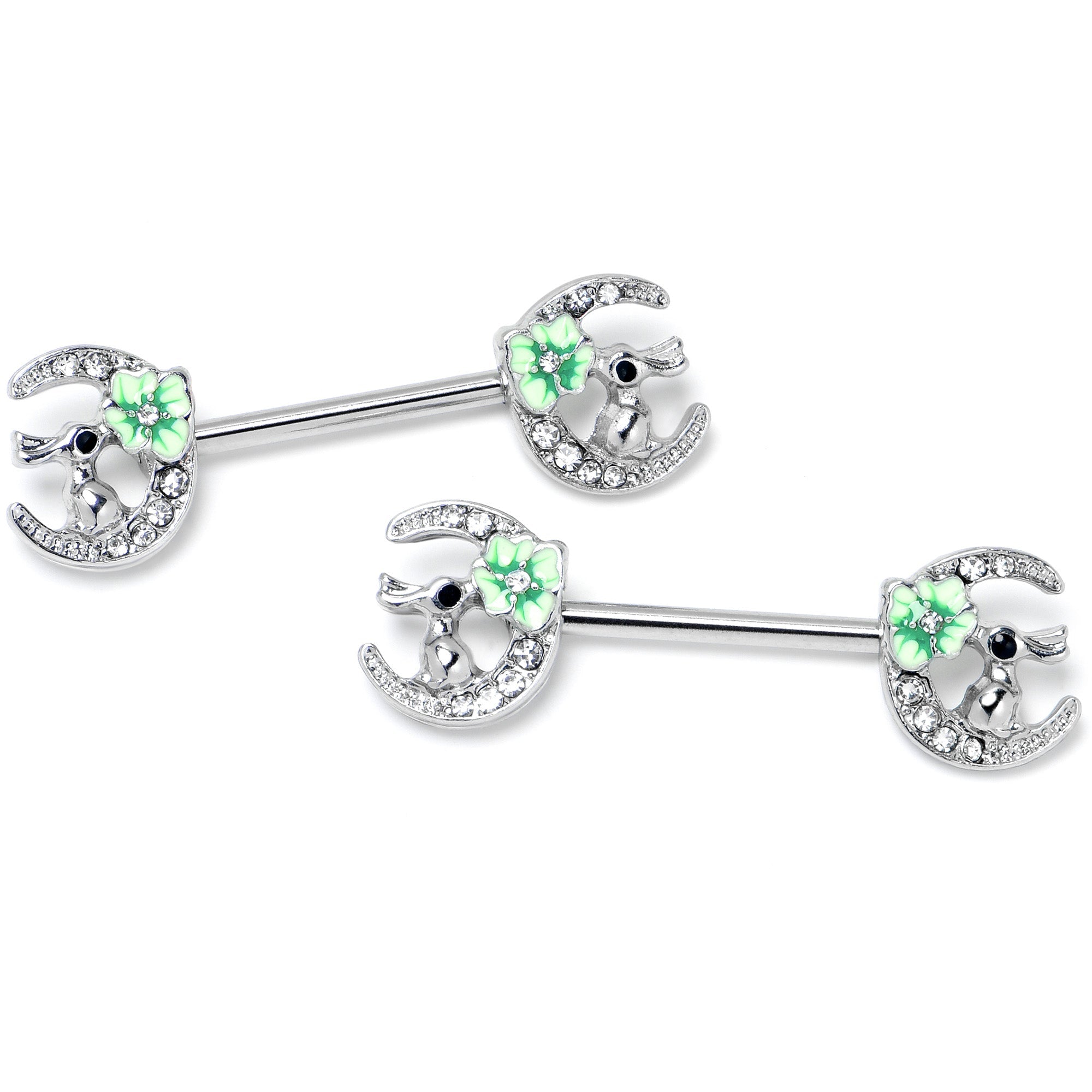 14G 9/16 Clear Gem Rabbit On Moon Flower Green Nipple Ring Set