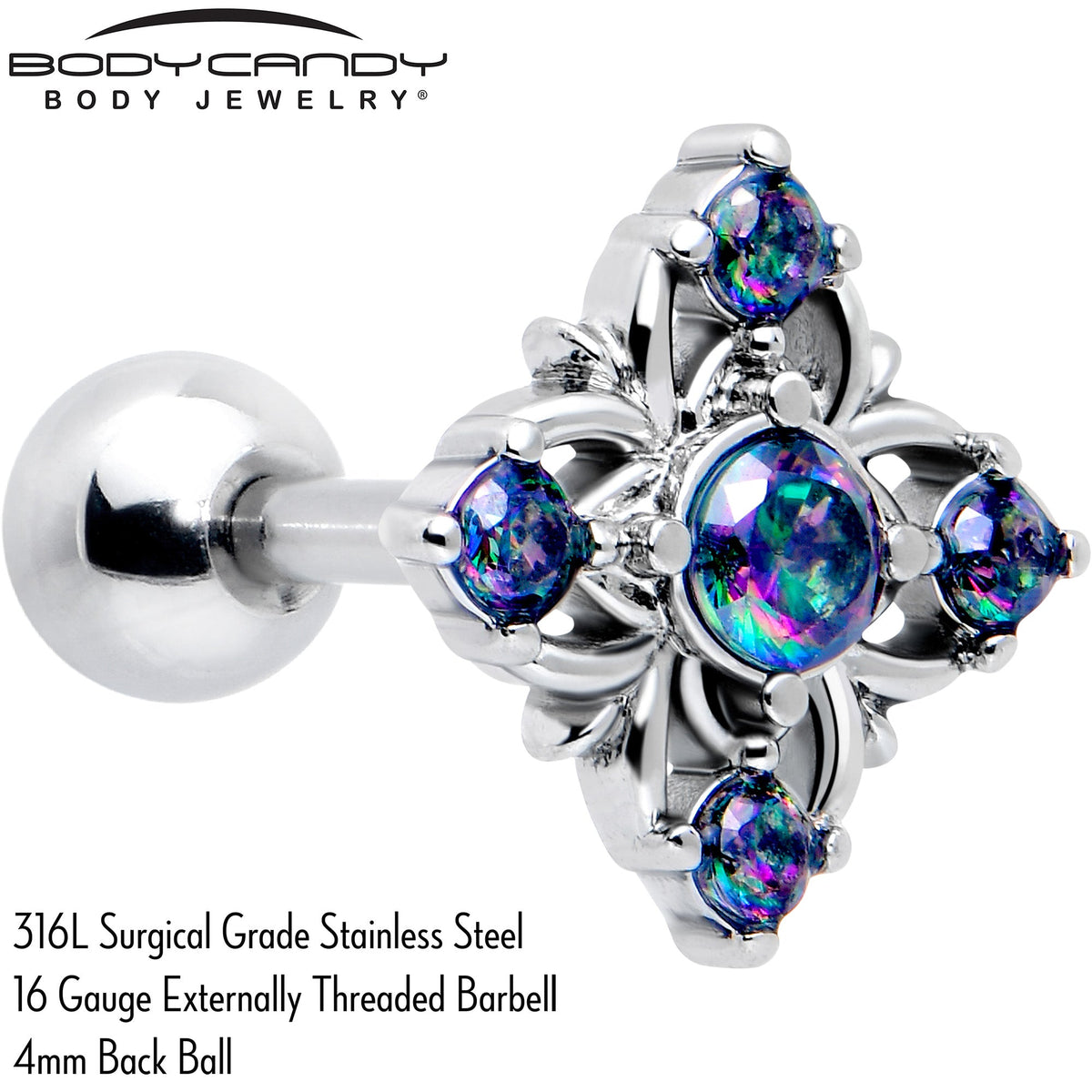 16G 1/4 Vitrail CZ Gem Beauty Cross Cartilage Tragus Earring