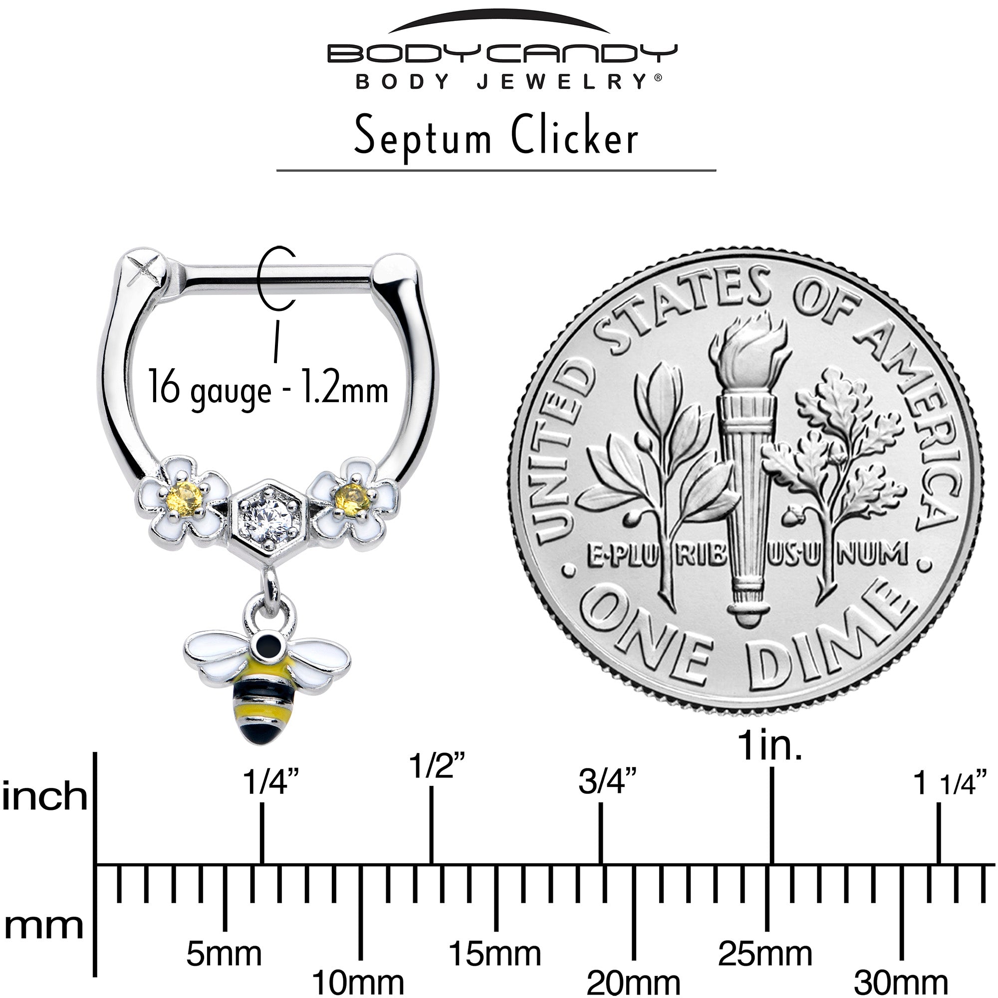 16G 5/16 Yellow CZ Gem Flower Bee Dangle Cartilage Clicker