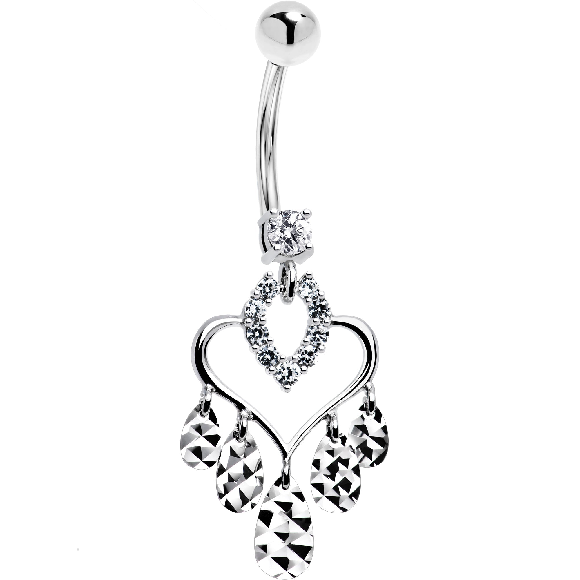 16G Solid 14k White Gold Majestic Heart Chandelier Belly Ring