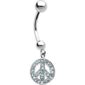 16G 14k White Gold  Aqua CZ Peace Sign Belly Ring