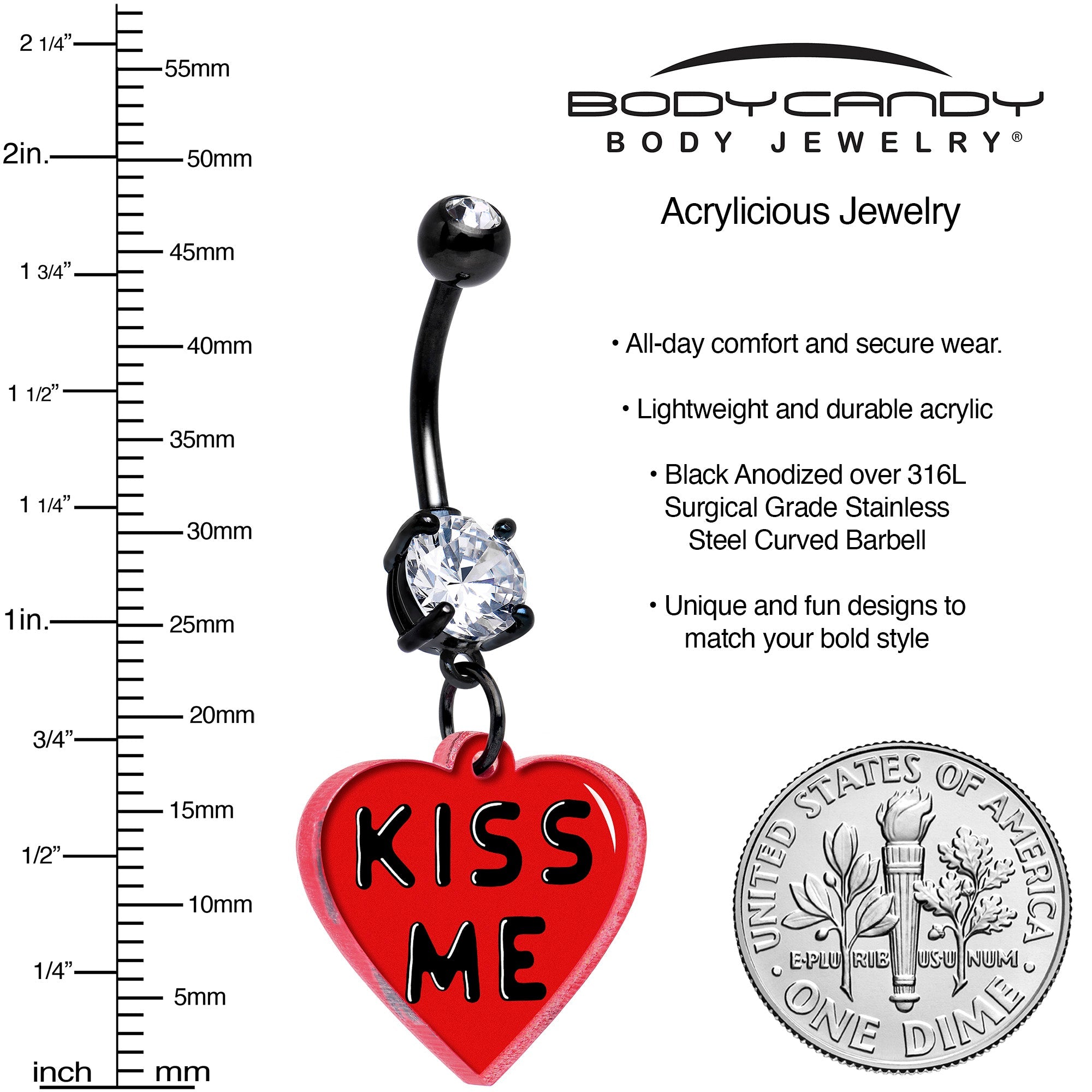Black Double Gem Kiss Me Heart Dangle Belly Ring by Onyx O
