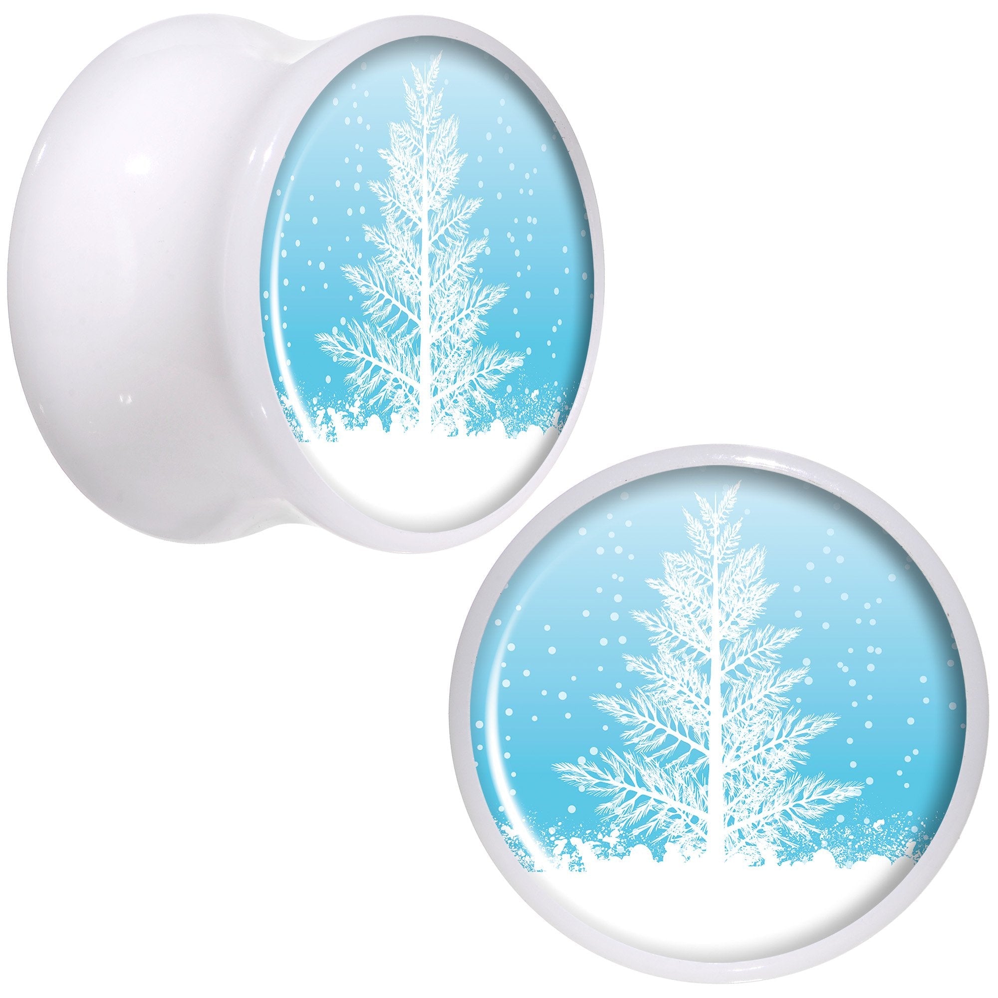 Winter Snow Covered Tree White Acrylic Saddle Plug Set Sizes 5mm to 20mm
