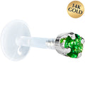 16G 1/4 Solid 14K White Gold 3mm Green Cubic Zirconia Bioplast Tragus Earring Stud