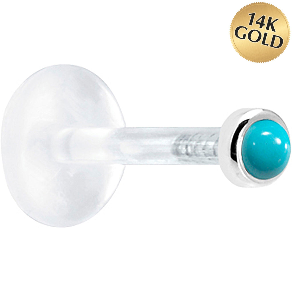 16G 1/4 Solid 14K White Gold 2mm Genuine Turquoise Bioplast Cartilage Earring Stud