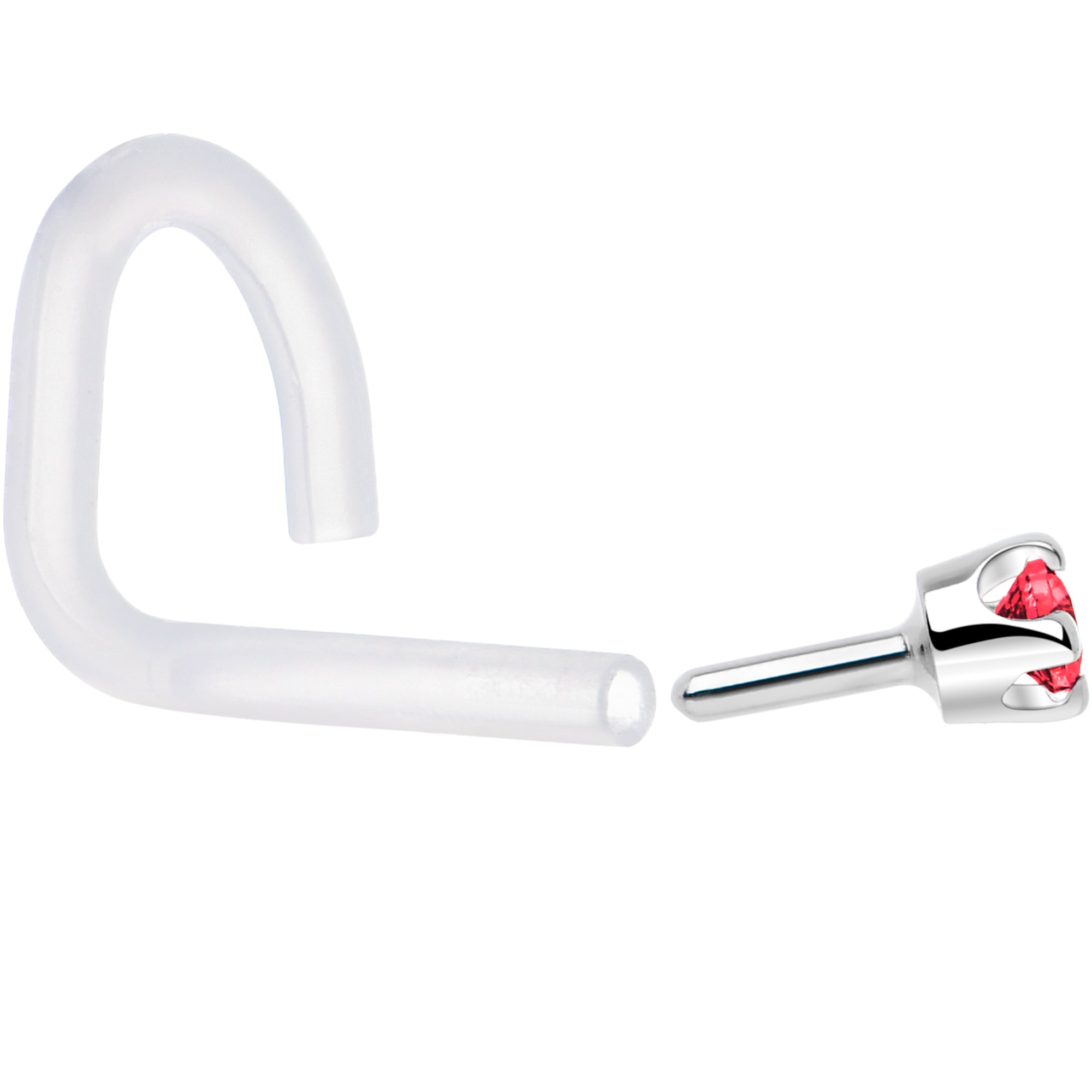 18G 1/4 White Gold 1.5mm Red Cubic Zirconia Bioplast Nose Ring