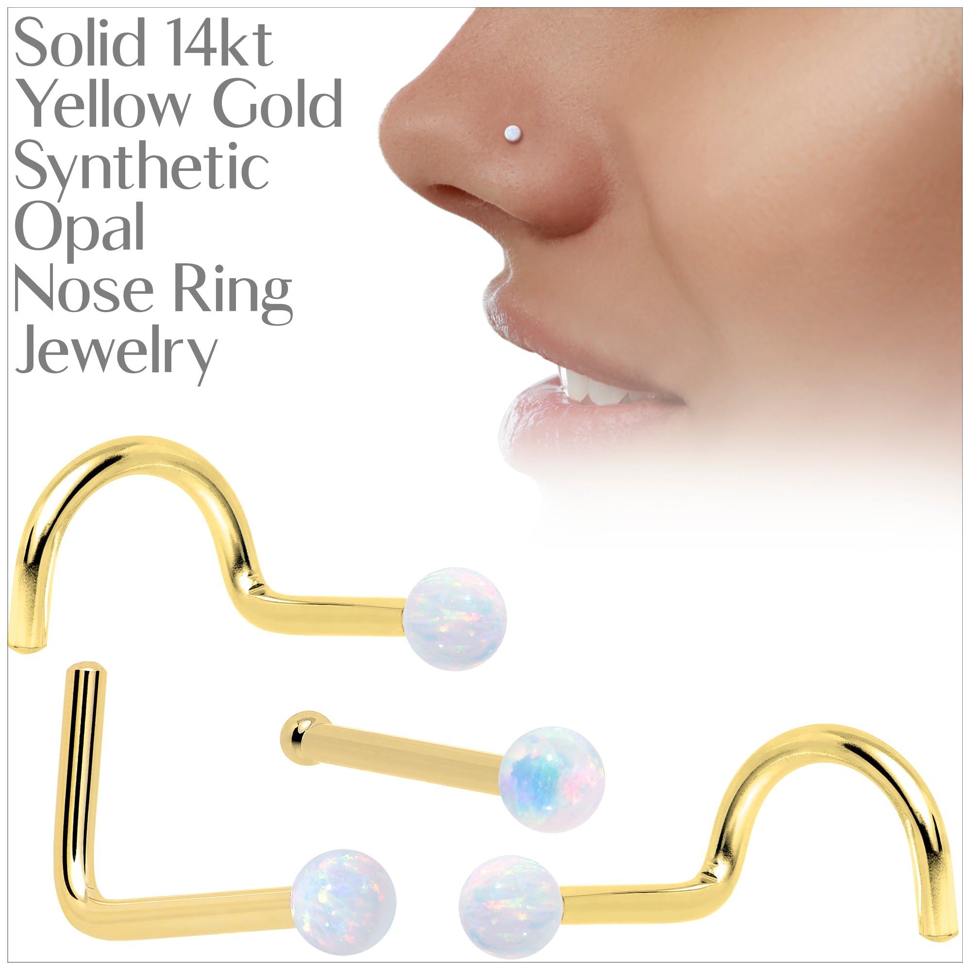 14k Yellow Gold 2.5mm Synthetic Opal Ball Nose Ring
