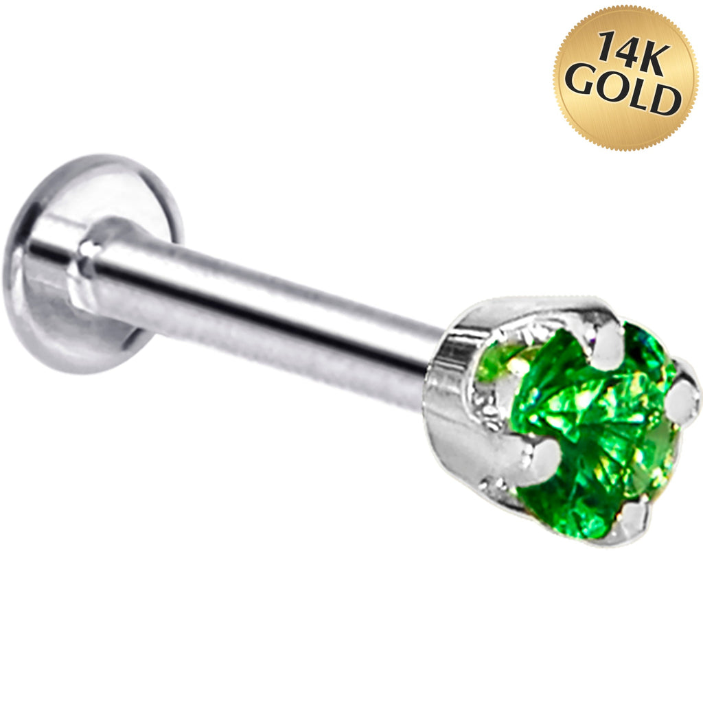 16G Solid 14K White Gold 3mm Green Cubic Zirconia Tragus Earring Stud