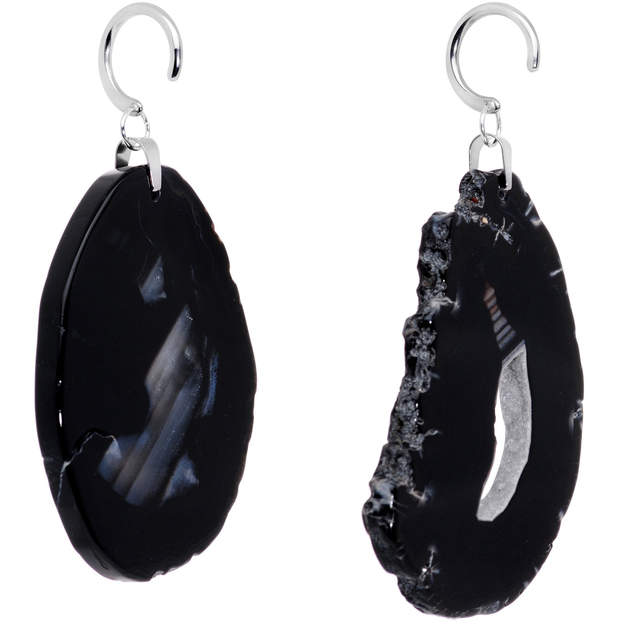 Handcrafted Steel Midnight Shadow Gap Natural Black Agate Ear Weights