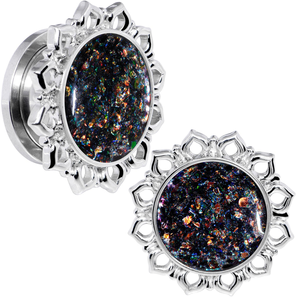 Handcrafted Black Faux Opal Mandala Screw Fit Plug Set Sizes 8mm to 20mm