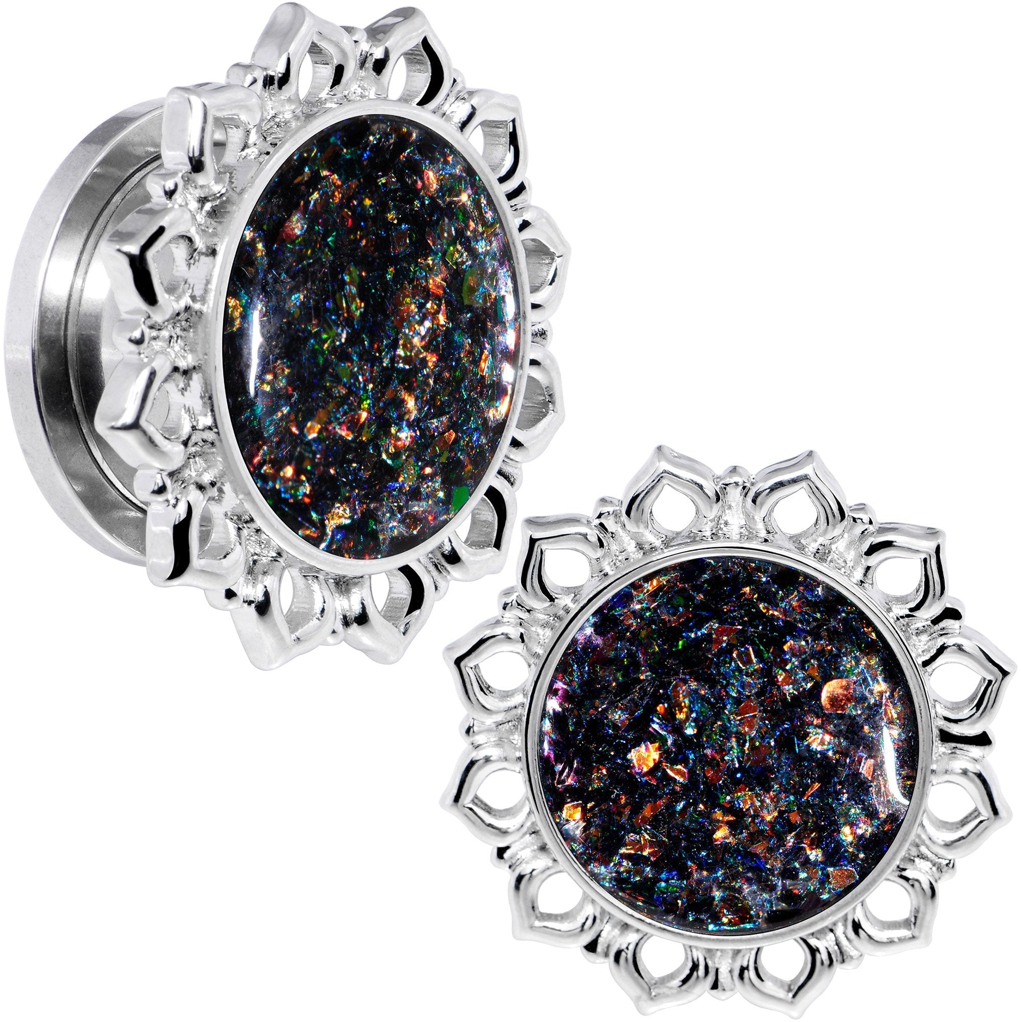 Handcrafted Black Faux Opal Mandala Screw Fit Plug Set Sizes 8mm to 20mm