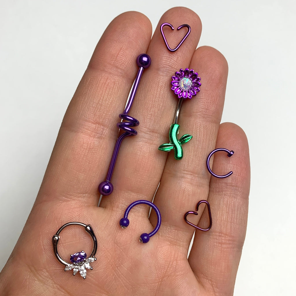 White Faux Opal Purple Sunflower Leaf Double Mount Belly Ring