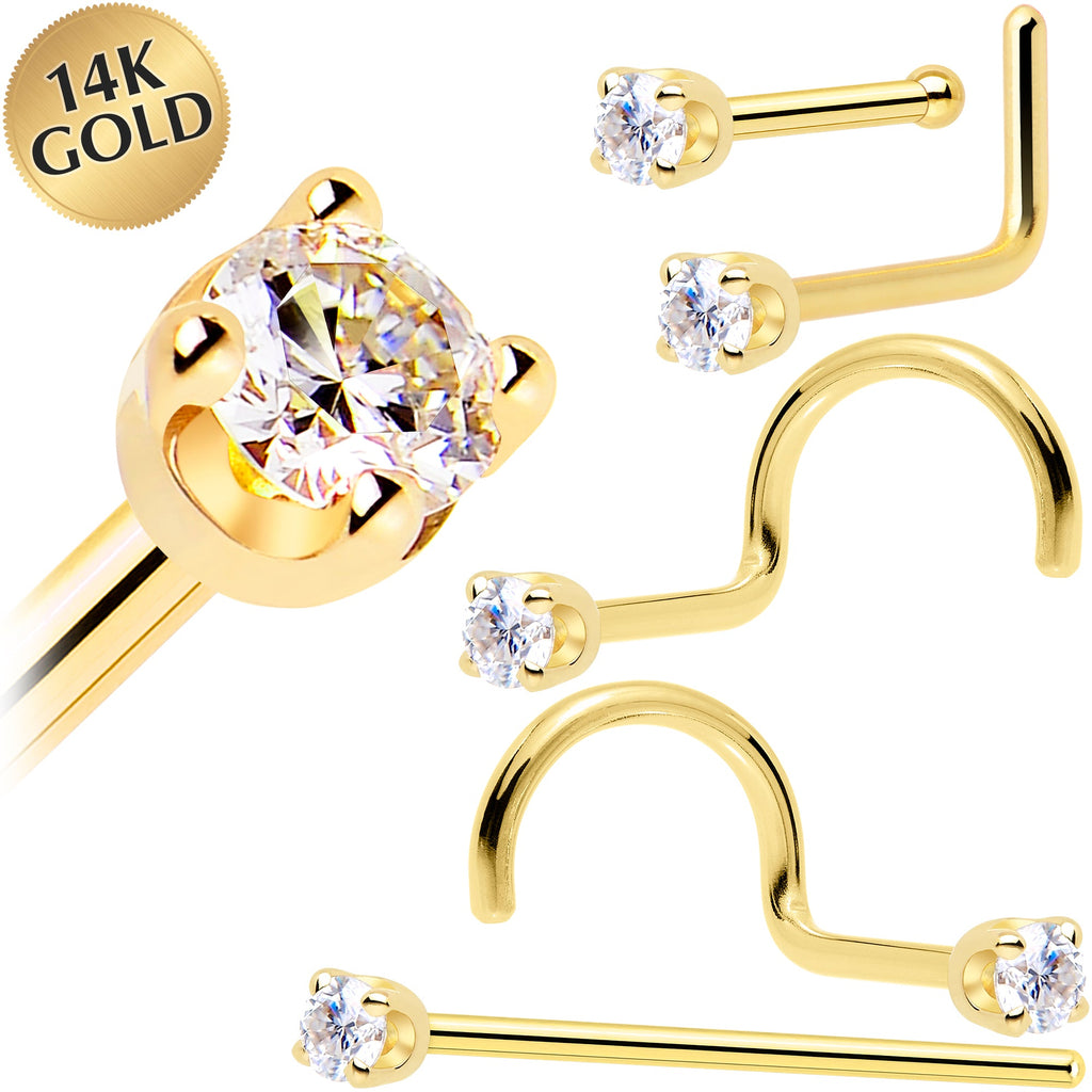 Solid 14K Yellow Gold 2mm Genuine Diamond Nose Ring