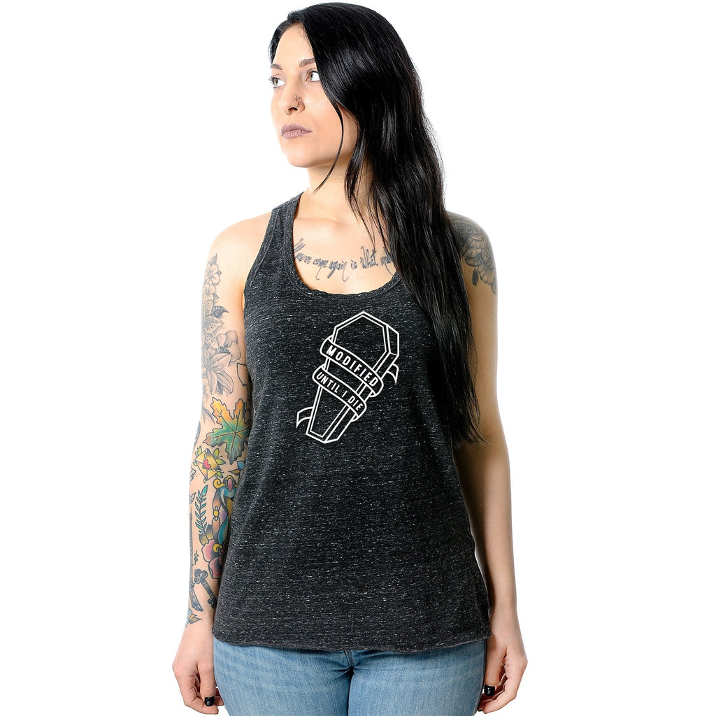 Modified Till I Die Black Gray Cosmic Twist Back Tank Top