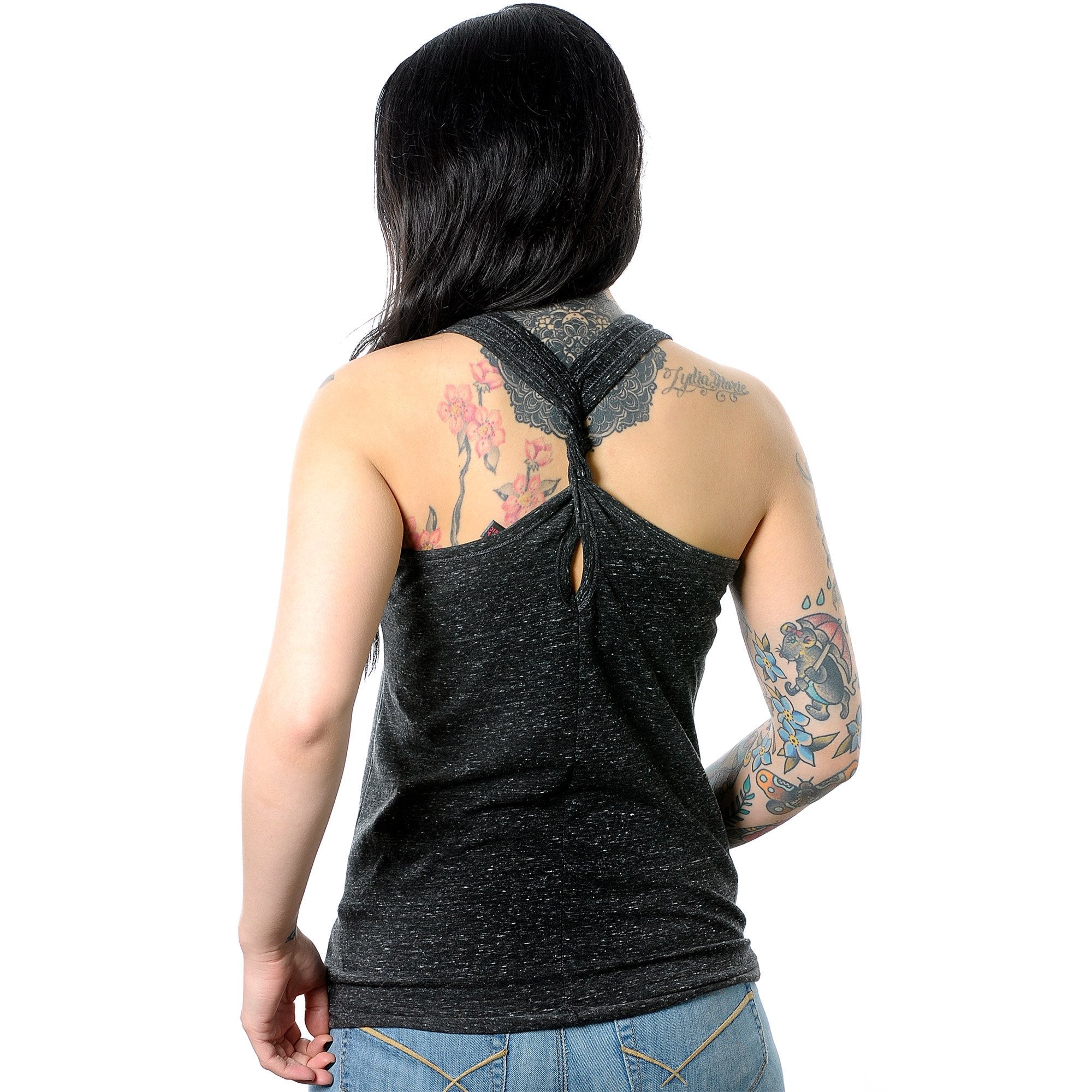 They're Called Plugs NotGs Black Gray Cosmic Twist Back Tank Top