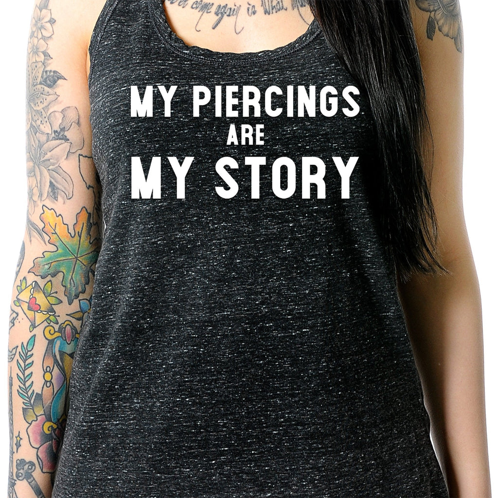 My Piercings Are My Story Black Gray Cosmic Twist Back Tank Top