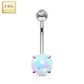 14k Solid White Gold Regal CZ 8mm Synthetic Opal Belly Ring