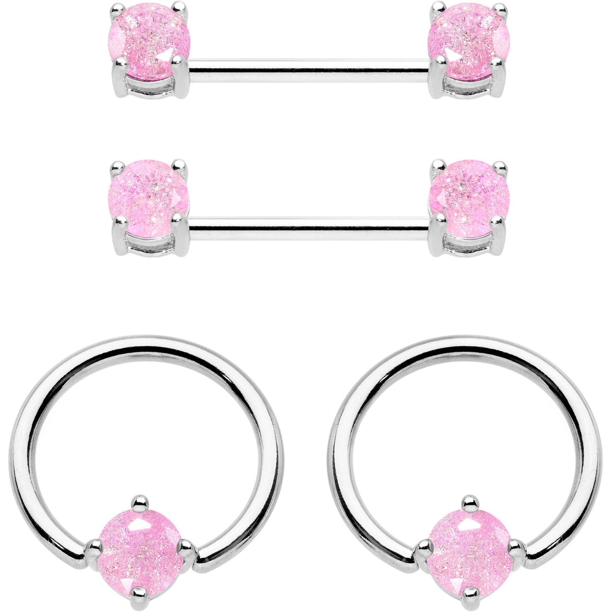 14G Pink CZ Gem BCR Captive Ring Barbell Nipple Ring Set