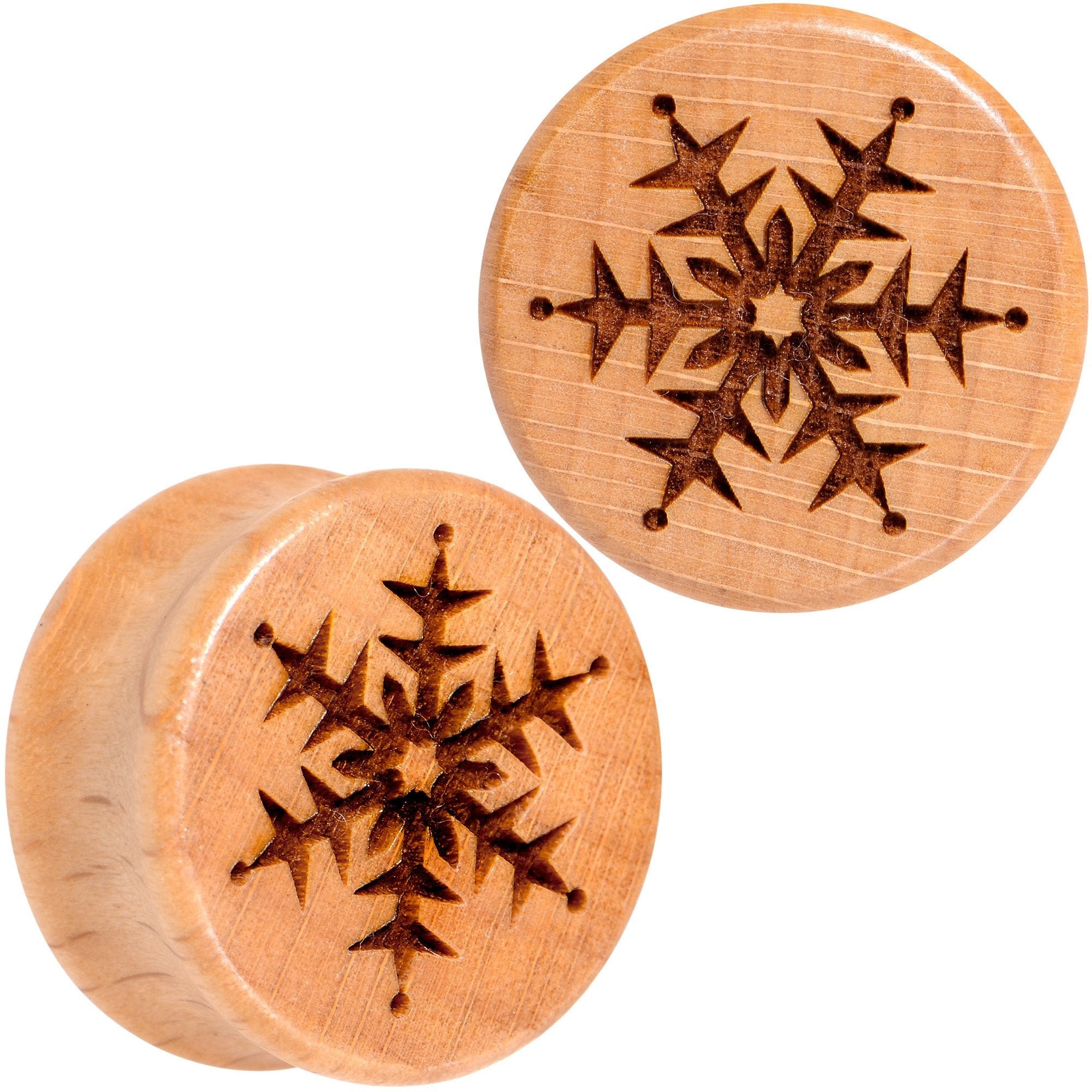 Organic Beechwood Holiday Winter Snowflake Saddle Plug Set Sizes 8mm to 25mm