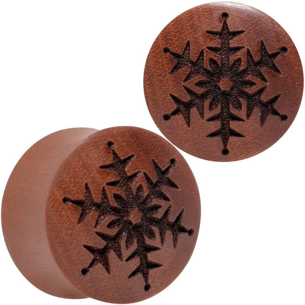 Organic Sawo Wood Holiday Winter Snowflake Saddle Plug Set Sizes 8mm to 25mm
