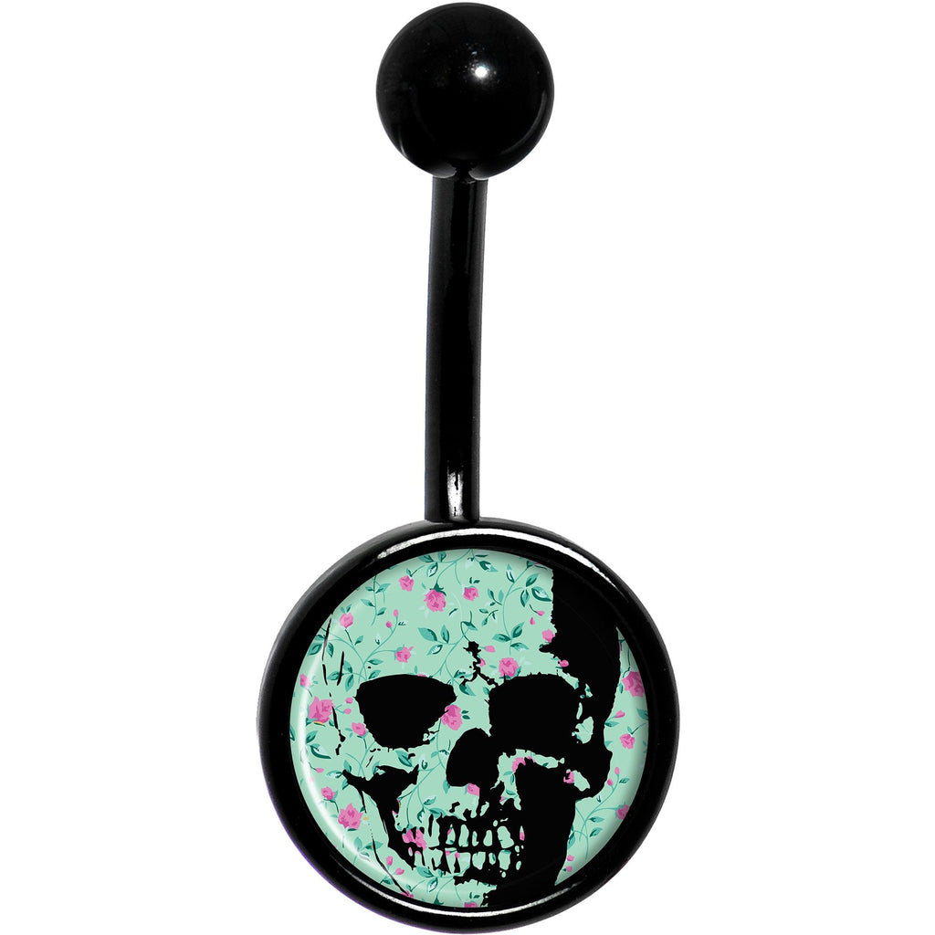 Green Pink Floral Skull Black Belly Ring